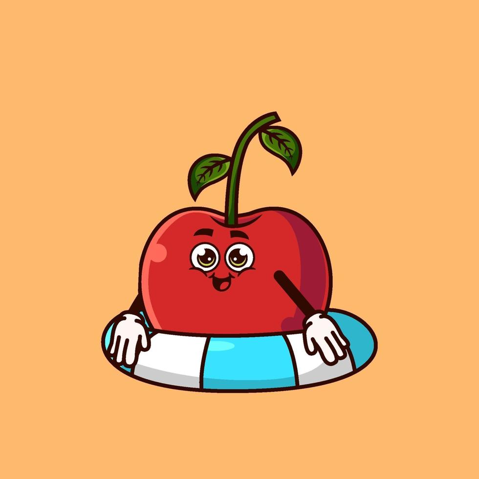 lindo personaje de cereza con flotador de anillo de natación concepto de icono de verano de frutas aislado. estilo de dibujos animados plana vector premium