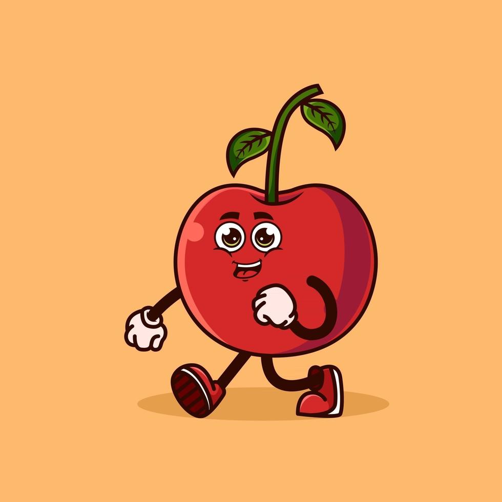 Cute Cherry fruit character walking with happy face. Fruit character icon concept isolated. flat cartoon style Premium Vector