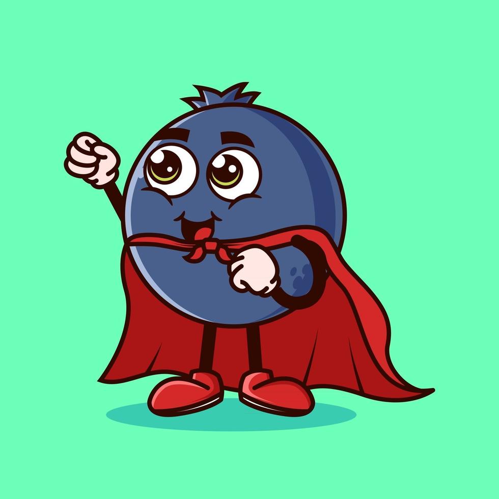 Cute Blueberry fruit character with Super hero costume and trying to fly. Fruit character icon concept isolated. Emoji Sticker. flat cartoon style Vector