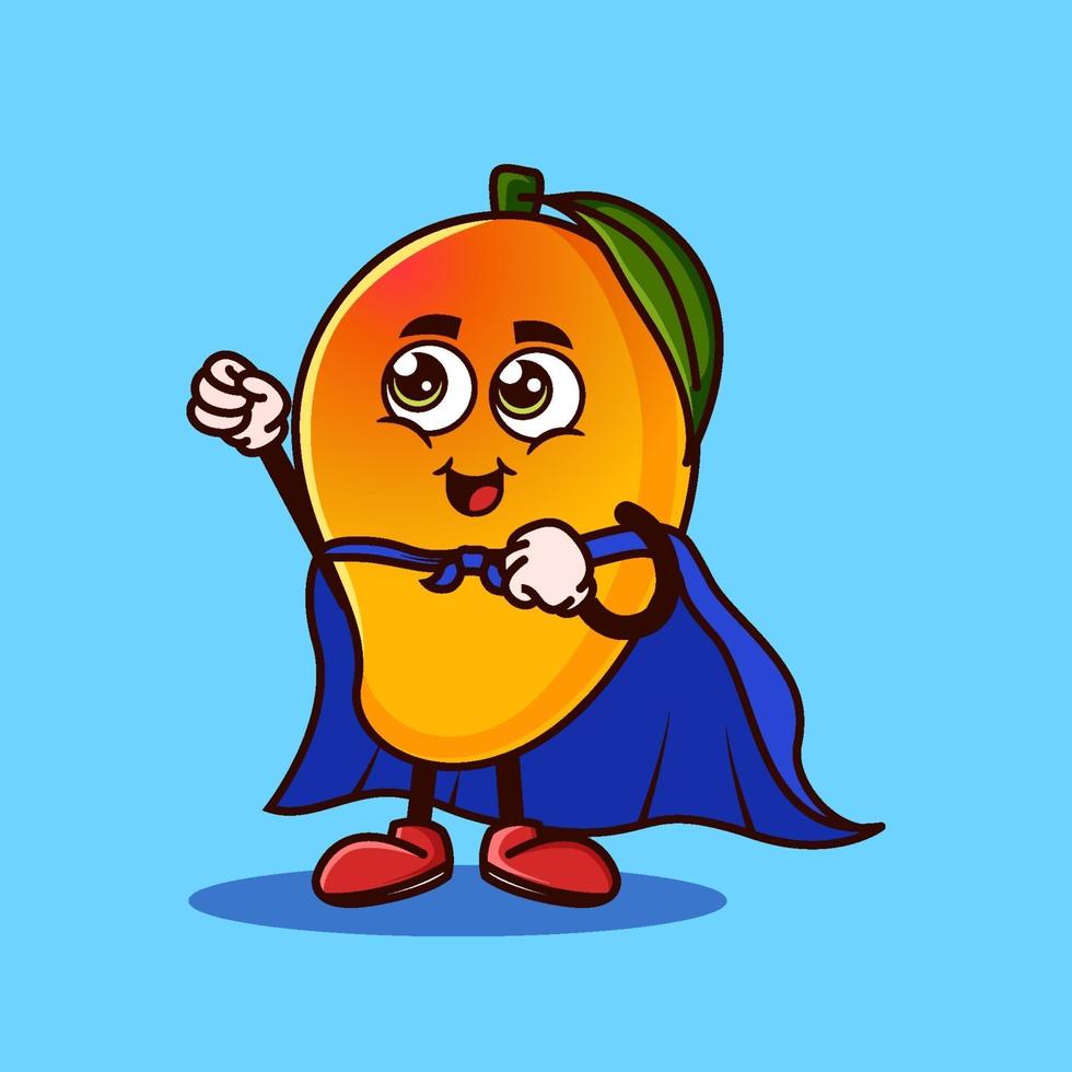 Cute Mango fruit character with Super hero costume and trying to fly. Fruit character icon concept isolated. Emoji Sticker. flat cartoon style Vector