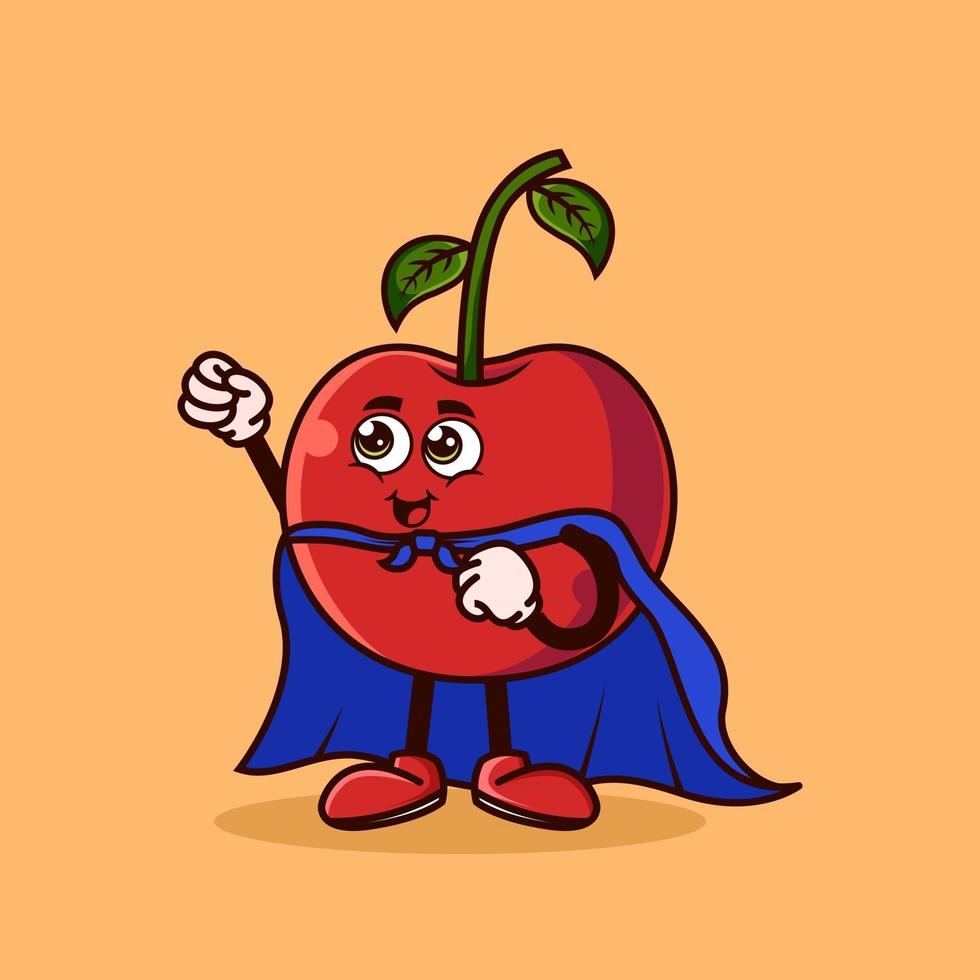 lindo personaje de cereza con disfraz de superhéroe y tratando de volar. concepto de icono de personaje de fruta aislado. pegatina emoji. vector de estilo de dibujos animados plana