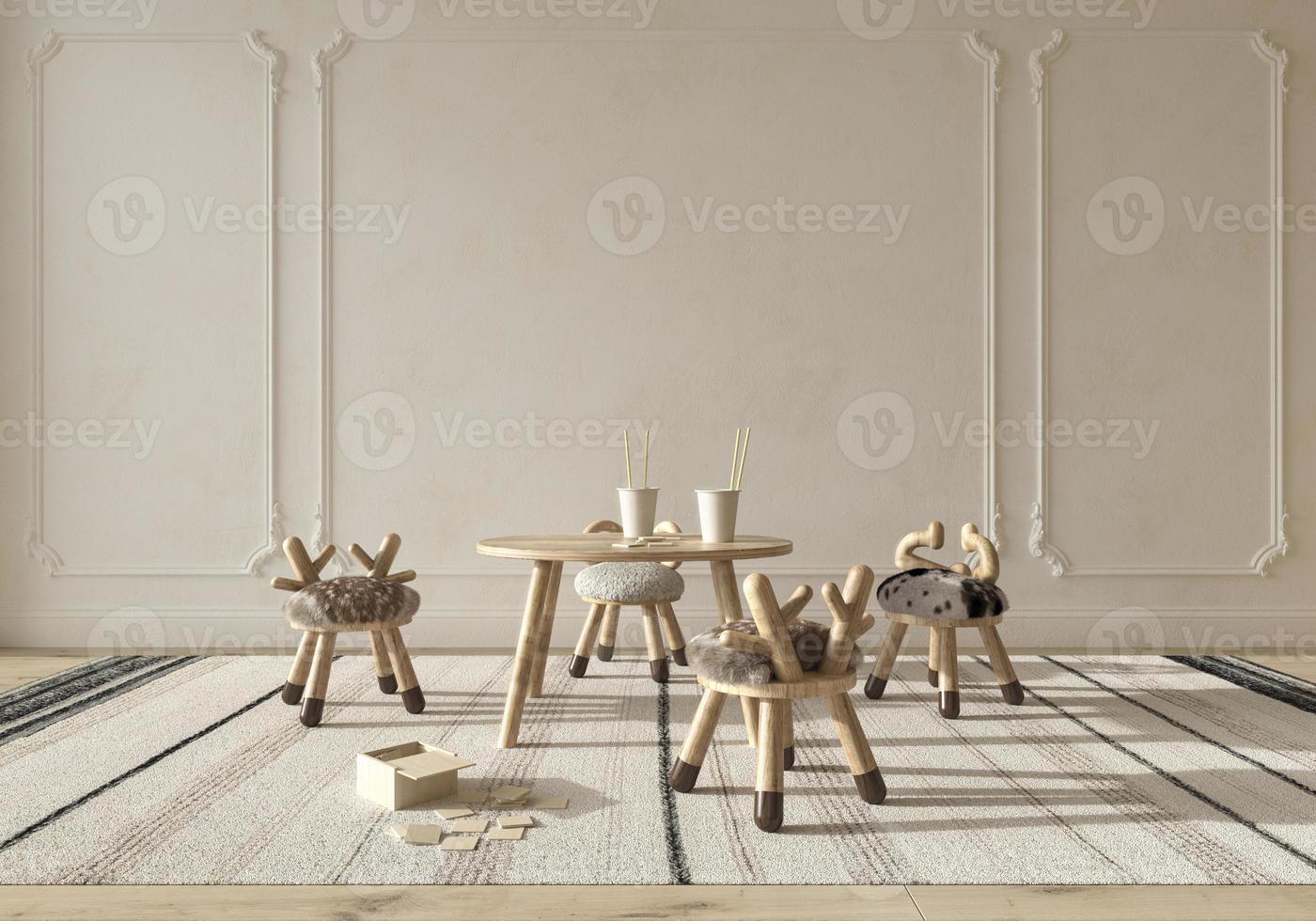 Children room interior scandinavian style with natural wooden furniture. Mock up on wall background. Kids farmhouse style 3d rendering illustration. photo