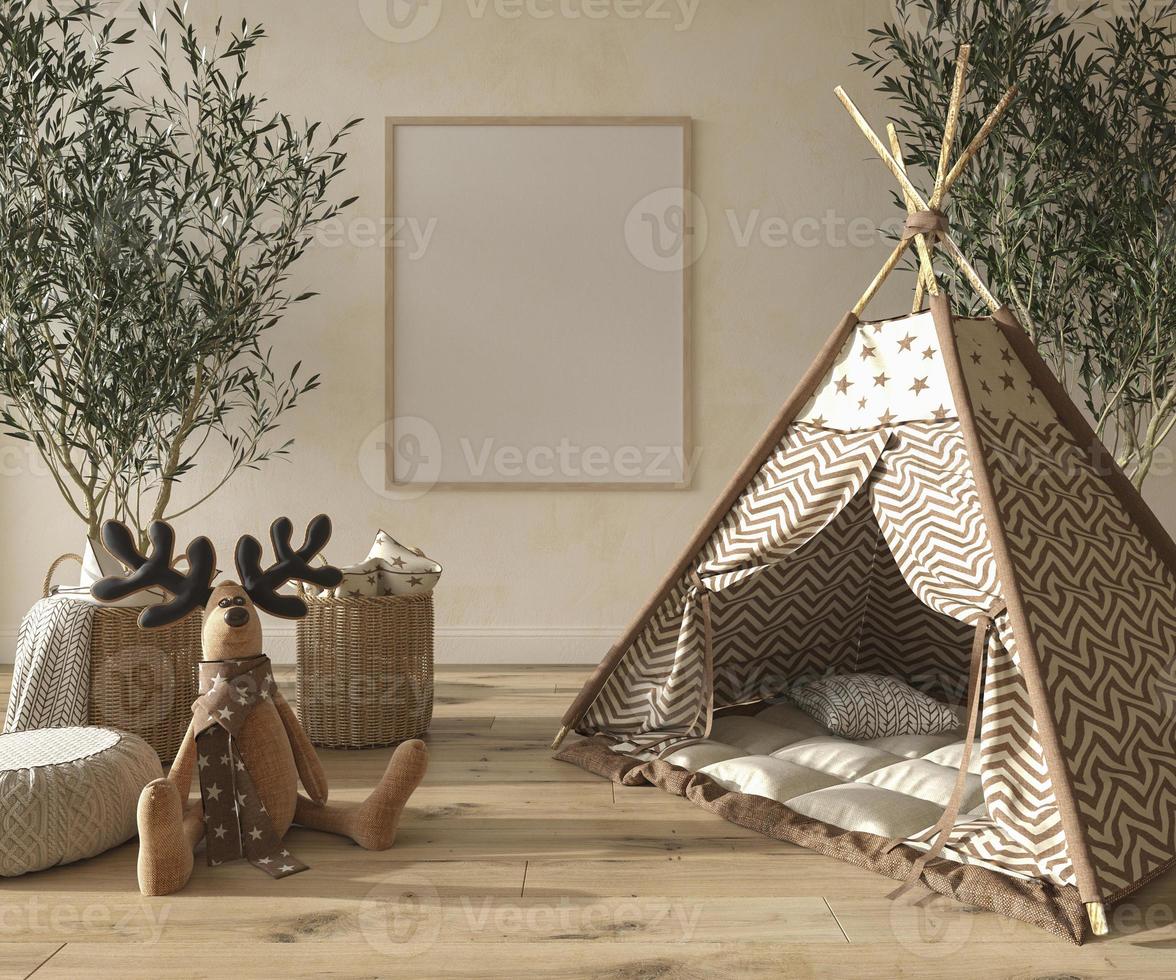 Children room interior scandinavian style with natural wooden furniture. Mock up frame on wall background. Kids farmhouse style 3d rendering illustration. photo