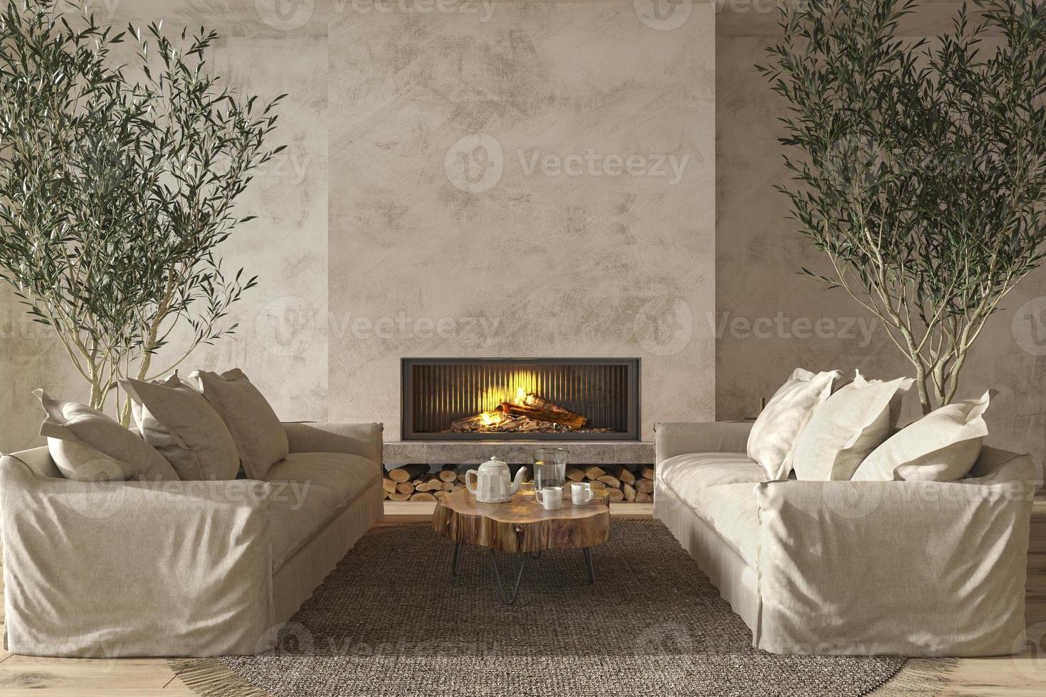Scandinavian farmhouse style living room interior with natural wooden furniture and fireplace 3d render illustration photo