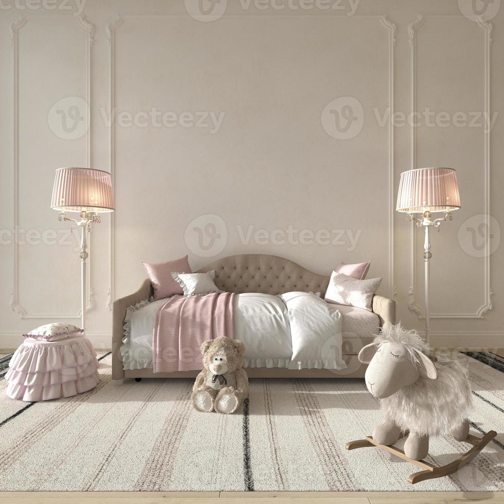 Children room interior classic style. Pink kids bedroom for girl. Mock up on wall background. 3d rendering illustration. photo