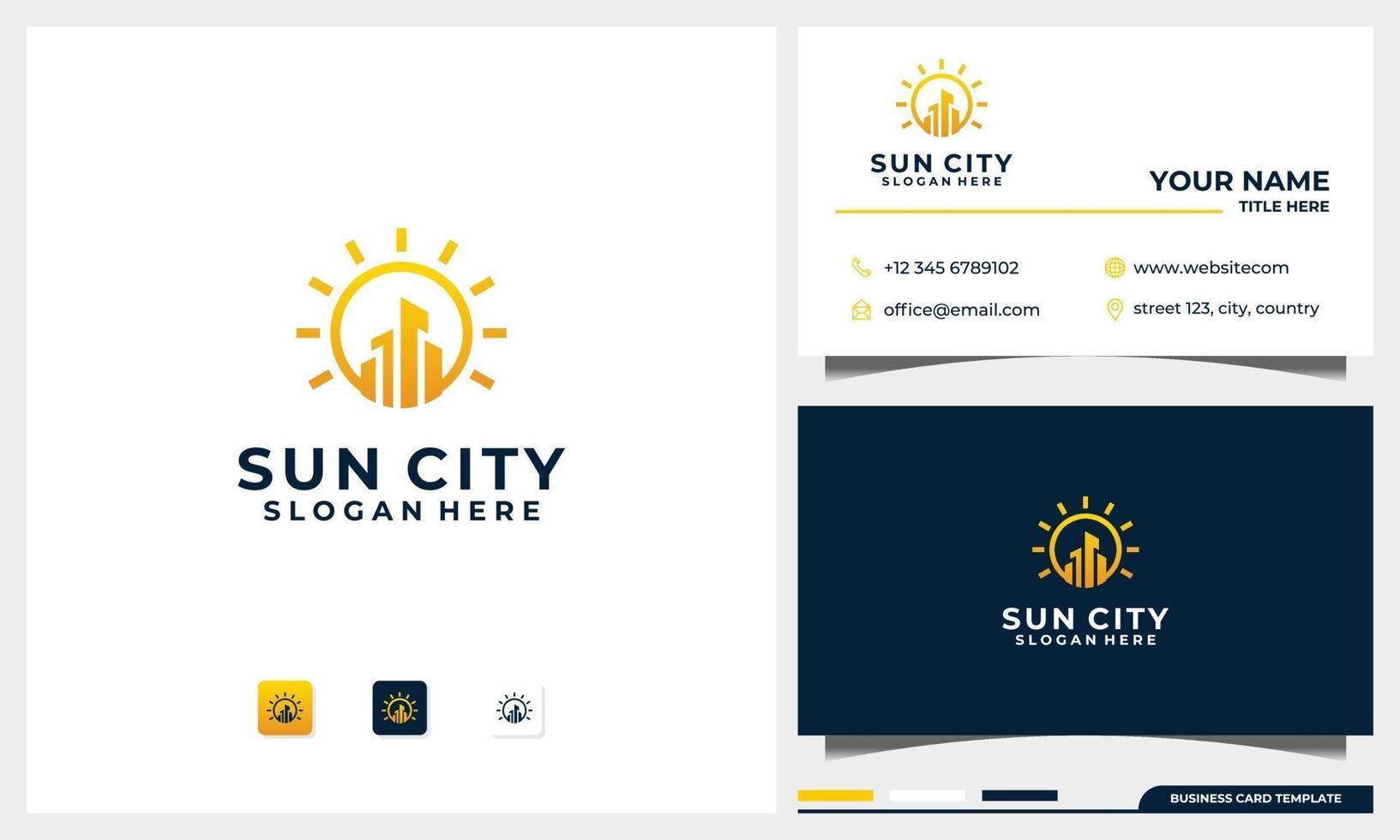 building logo with sun concept and business card design template vector