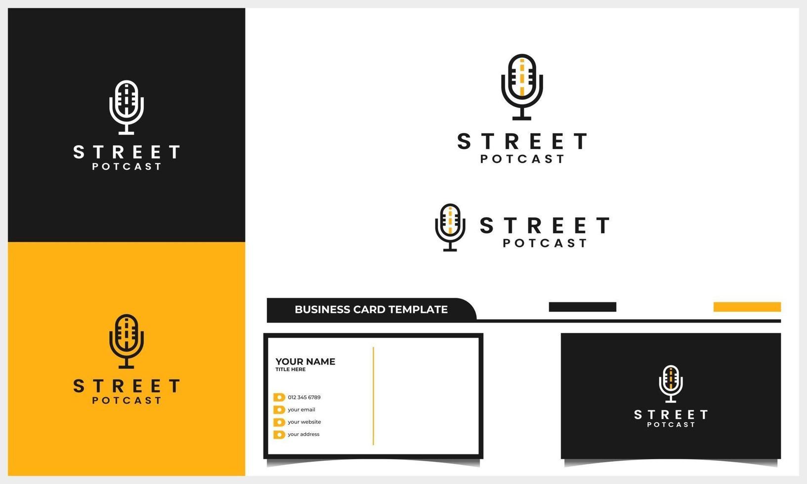 logotipo de podcast de micrófono con concepto de línea de calle y plantilla de tarjeta de visita vector