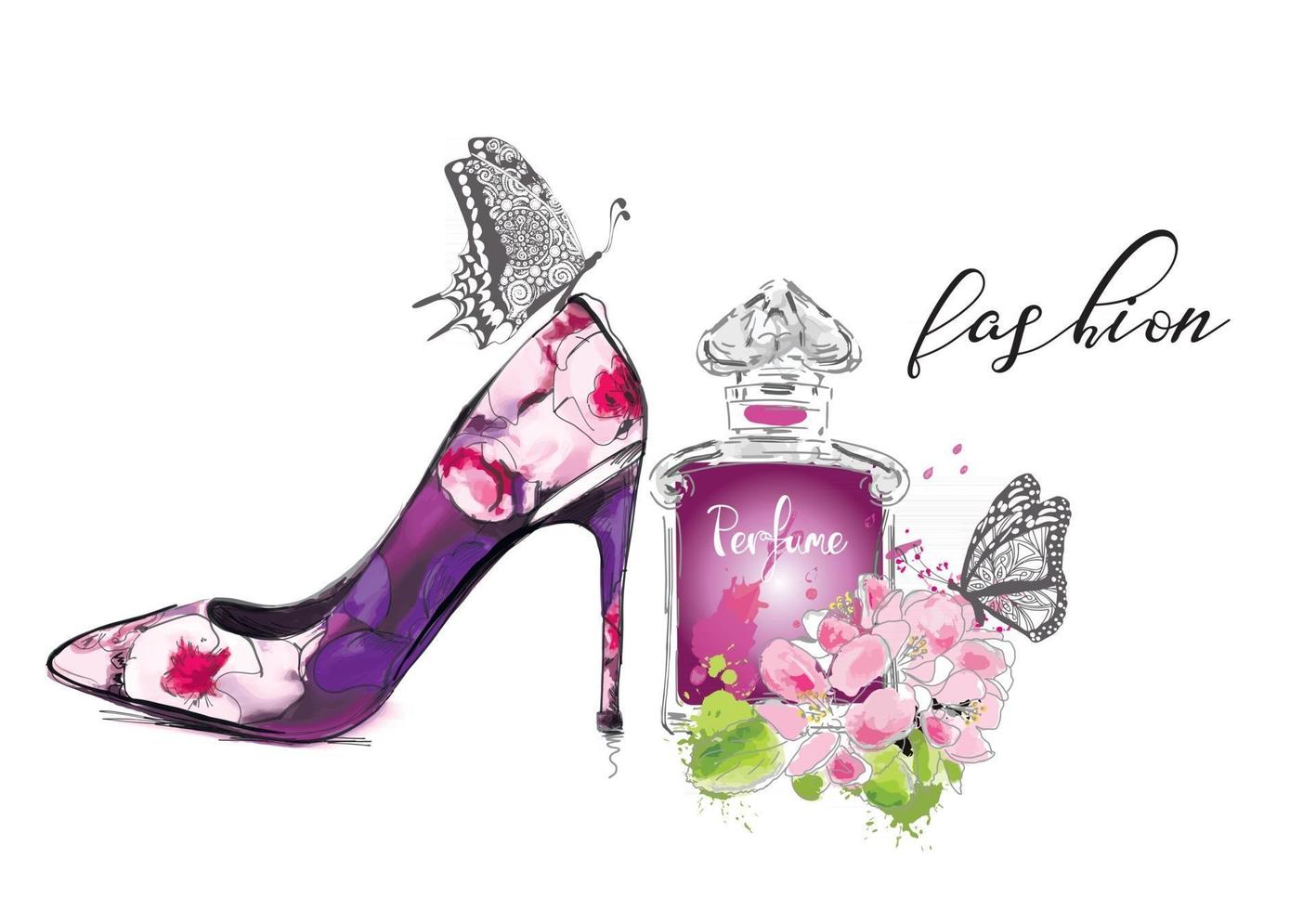 hermosa tarjeta con zapato de tacón, flores y mariposa. Ilustración de moda. vector