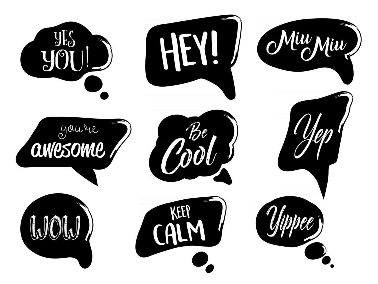 Vector set of speech bubbles in comic style. Hand drawn set of dialog windows with short phrases.