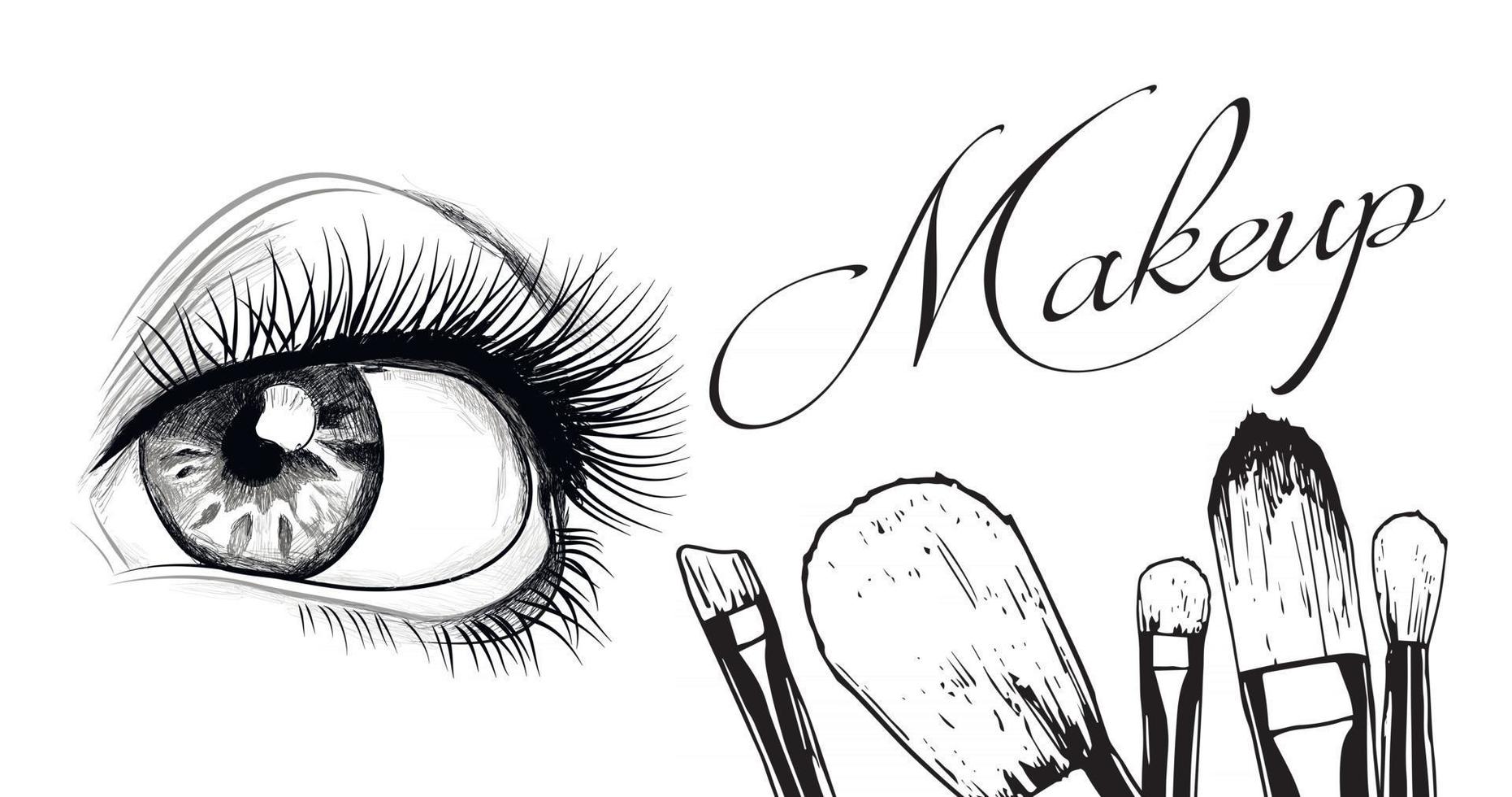 Vector hand drawn illustration of women eye and makeup brushes. Concept for beauty salon, cosmetics label, cosmetology procedures, visage and makeup.