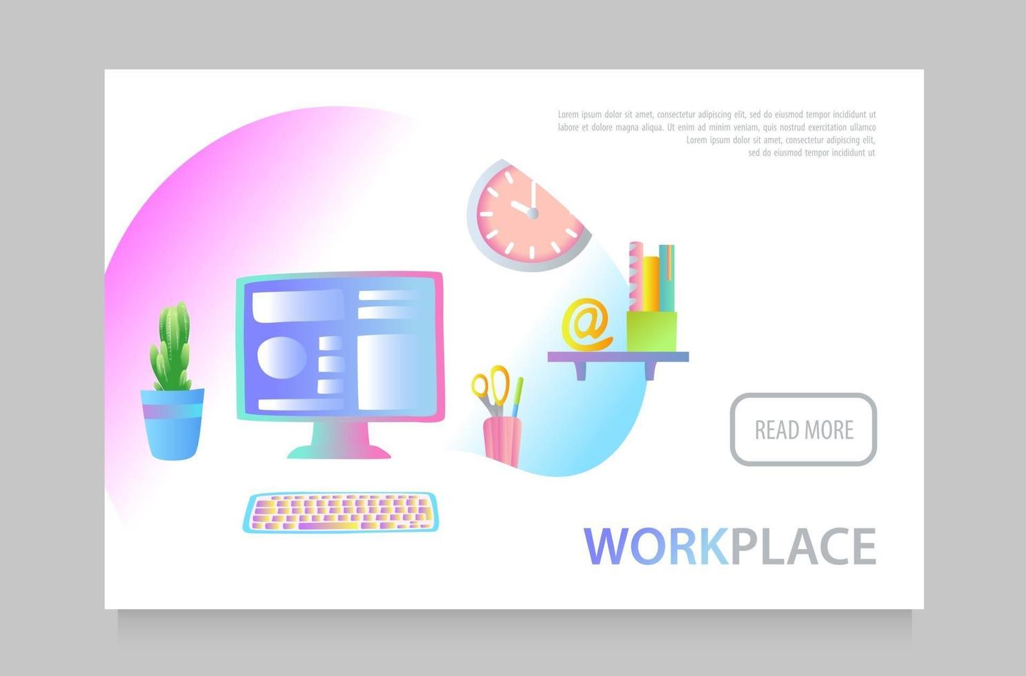 Concept of workplace with computer and office equipment. Vector illustration.