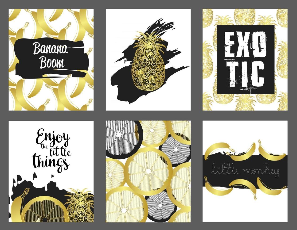 Set of hand drawn cards. Vector collection of black, white, gold colored cute cards. Beautiful posters with pineapple, banana and lemon.