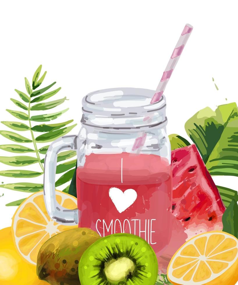 Smoothie jar with tropical leaf, watermelon, kiwi and oranges. vector