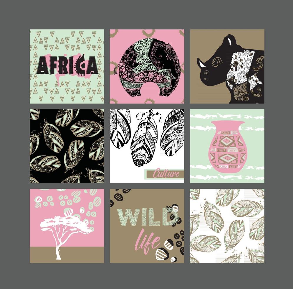 Set of artistic creative african cards. Design for poster, card, invitation, placard, brochure, flyer. Vector templates.