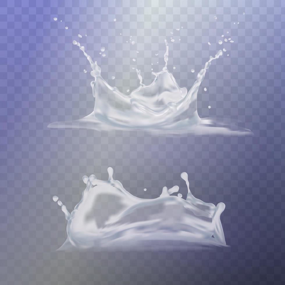 Set of translucent water splashes, drops and crown in light blue colors vector