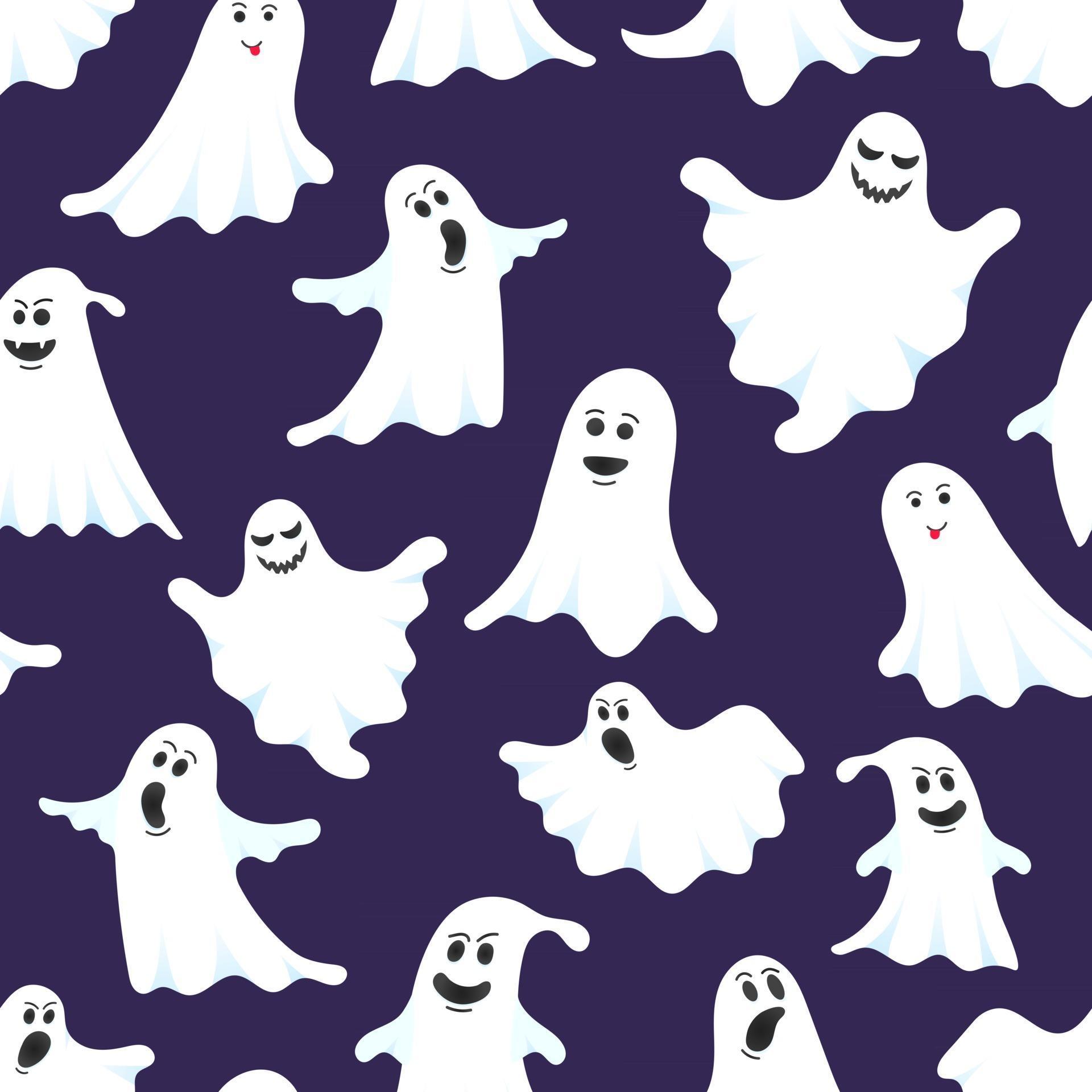 Halloween seamless pattern with cartoon design style ghosts set vector ...