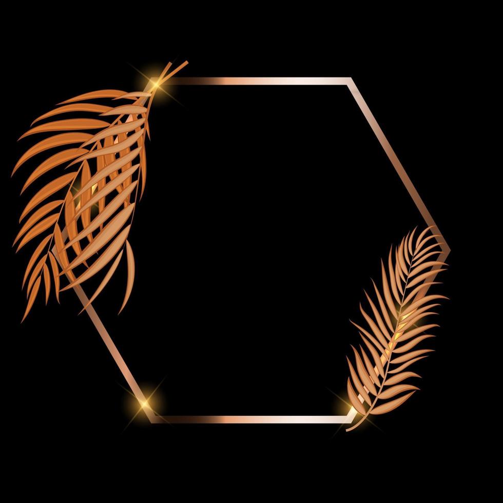 Gold Paint Glittering Textured Frame woth Palm Leaves. Vector Illustration