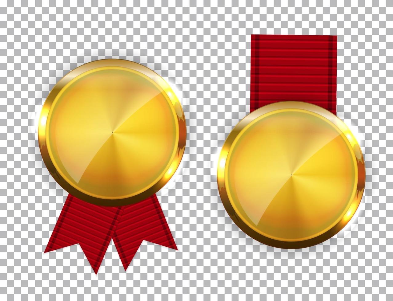 Champion Gold Medal with Red Ribbon. Icon Sign of First Place Isolated on Transparent Background. Vector Illustration