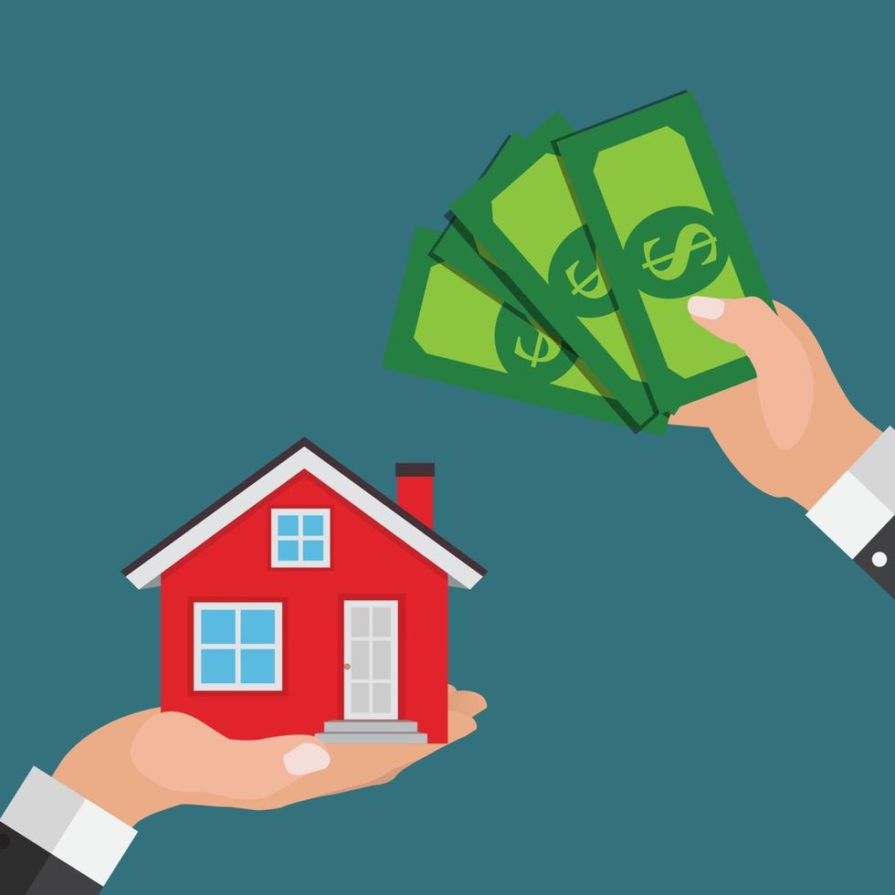 Real estate concept.  Buy house poster with men hands paying money for the home building. Vector Illustration