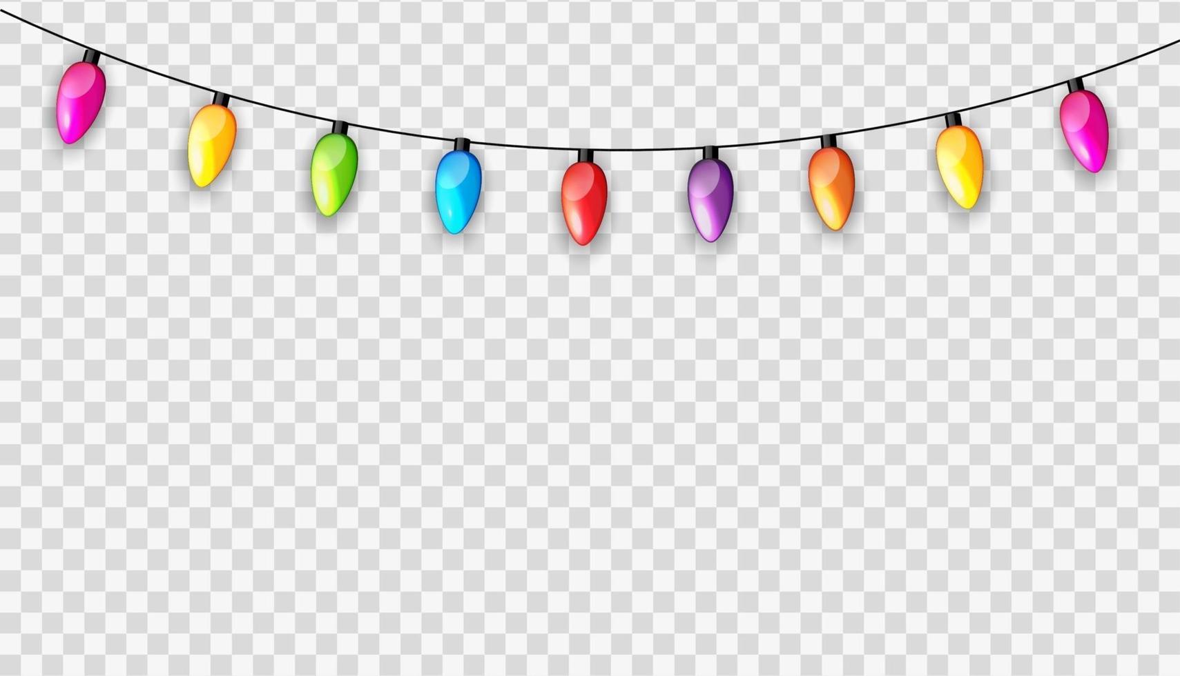 Bombillas de lámpara de guirnalda multicolor festivas aisladas en la ilustración de vector de fondo transparente