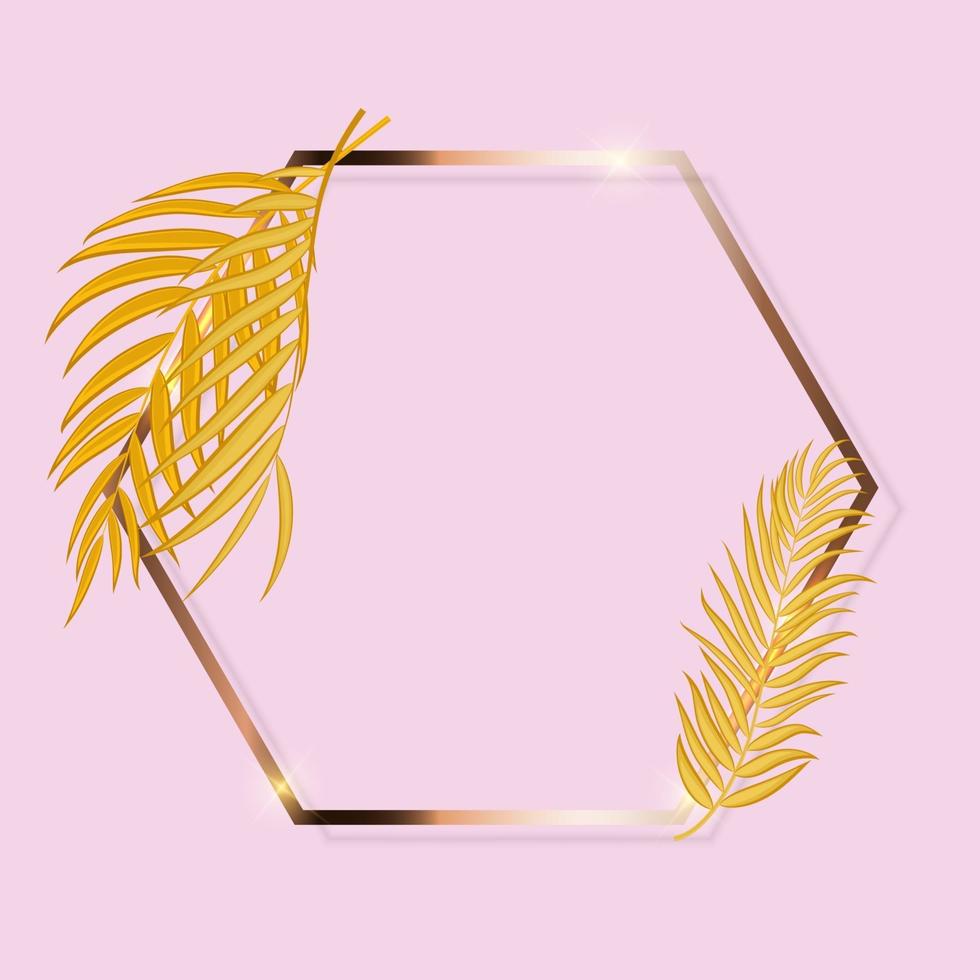 Gold Paint Glittering Textured Frame woth Palm Leaves. Vector Illustration