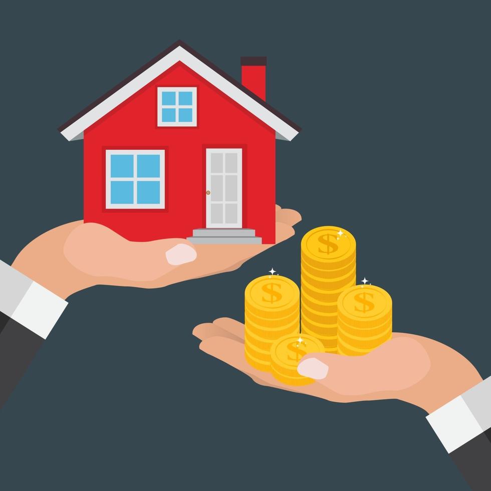 Real estate concept.  Buy house poster with men hands paying money for the home building. Vector Illustration