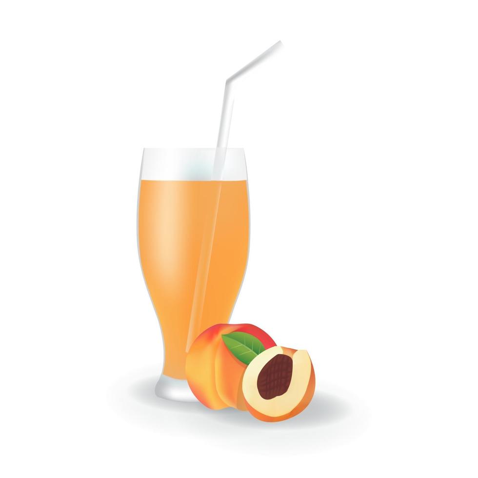 jugo de fruta de durazno realista en vidrio paja ilustración de bebida orgánica saludable vector