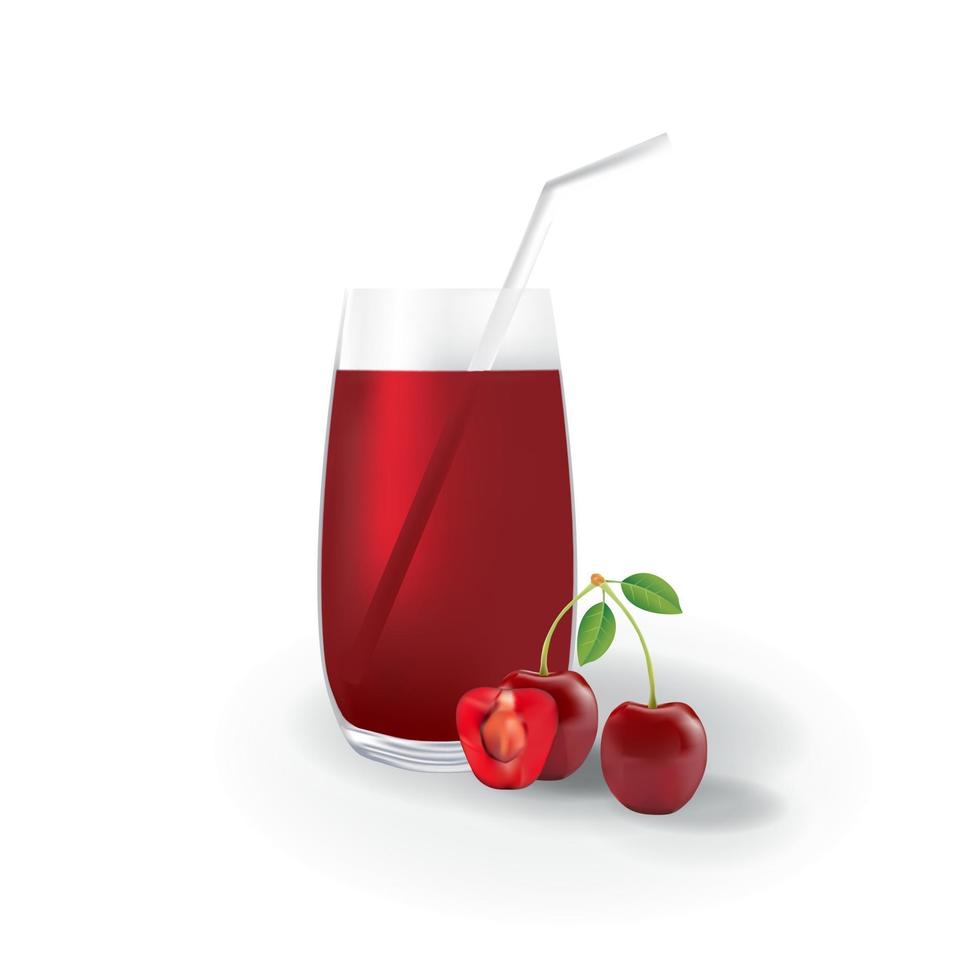 jugo de cereza realista en vidrio paja ilustración de bebida orgánica saludable vector