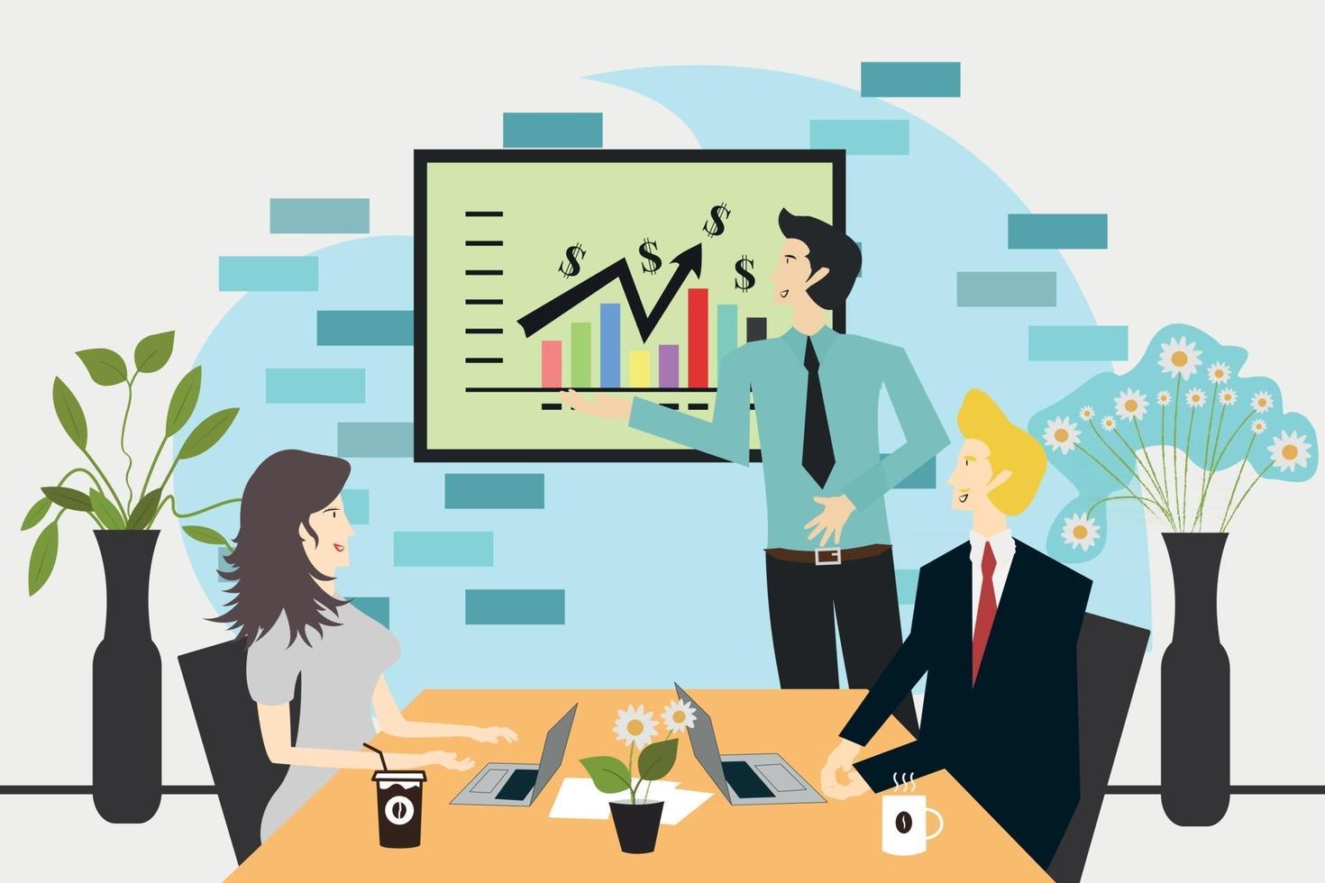 Office employee who is giving a presentation about the company's business to his boss and partners, pitch meeting concept illustration vector