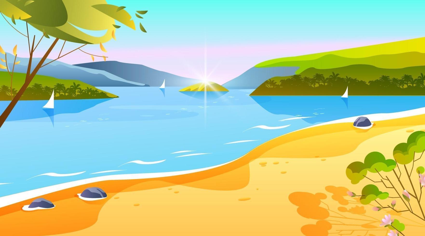 Tropical summer banner, beach ocean landscape, tropical island vacation background. Sand, tree, boat vector