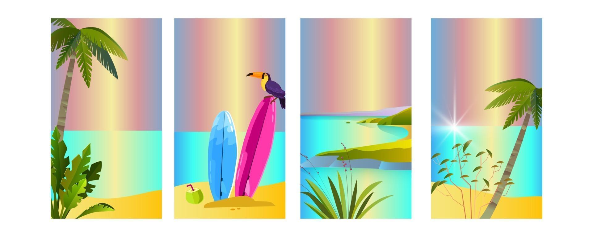 Summer backgrounds set, toucan, surfboard, palms, beach, island, ocean. Tropical vacation posters vector