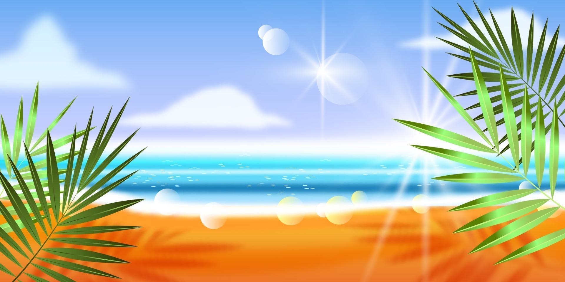 Summer beach landscape, exotic vacation background, seaside sand, clouds. Paradise resort template vector