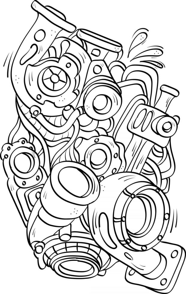 componentes del motor de coche doodle contorno estilo de escritura a mano vector