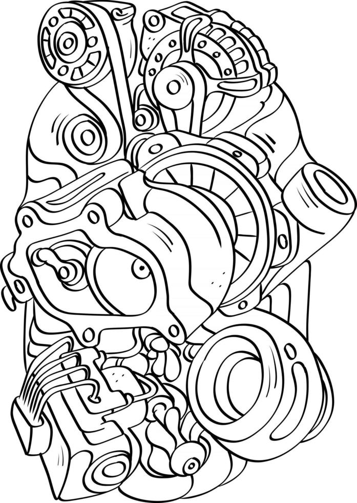 componentes del motor de coche doodle contorno estilo de escritura a mano vector