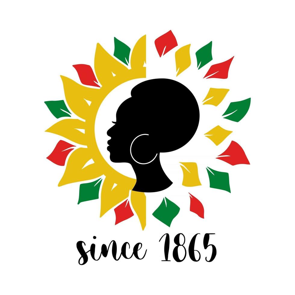 Juneteenth quote with African woman and colorful sunflower isolated on white background. Vector flat illustration. Design for banner, poster, greeting card, flyer