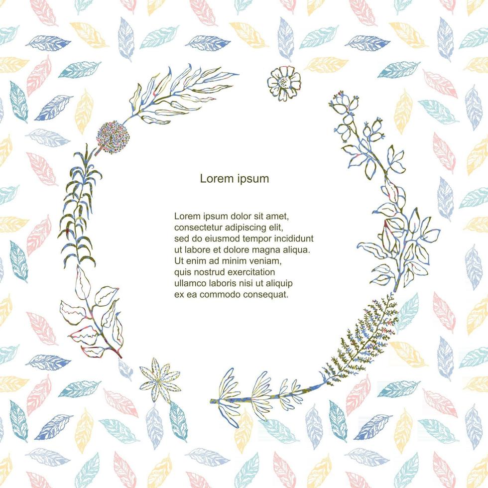 Vector colorful illustration of floral and herb wreath. Hand draw frame. Can be used for invitation, greeting card and poster