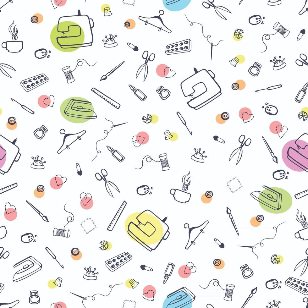 Vector seamless pattern with sewing and tailoring stuff. Sewing machine, scissors, sewing and other handicrafts items.