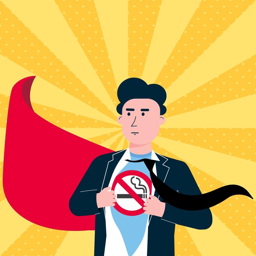 Young male man tears shirt and shows t-shirt with no smoking sign icon flat style design vector illustration isolated white background. Concept super hero No smoking man template. The city needs him.