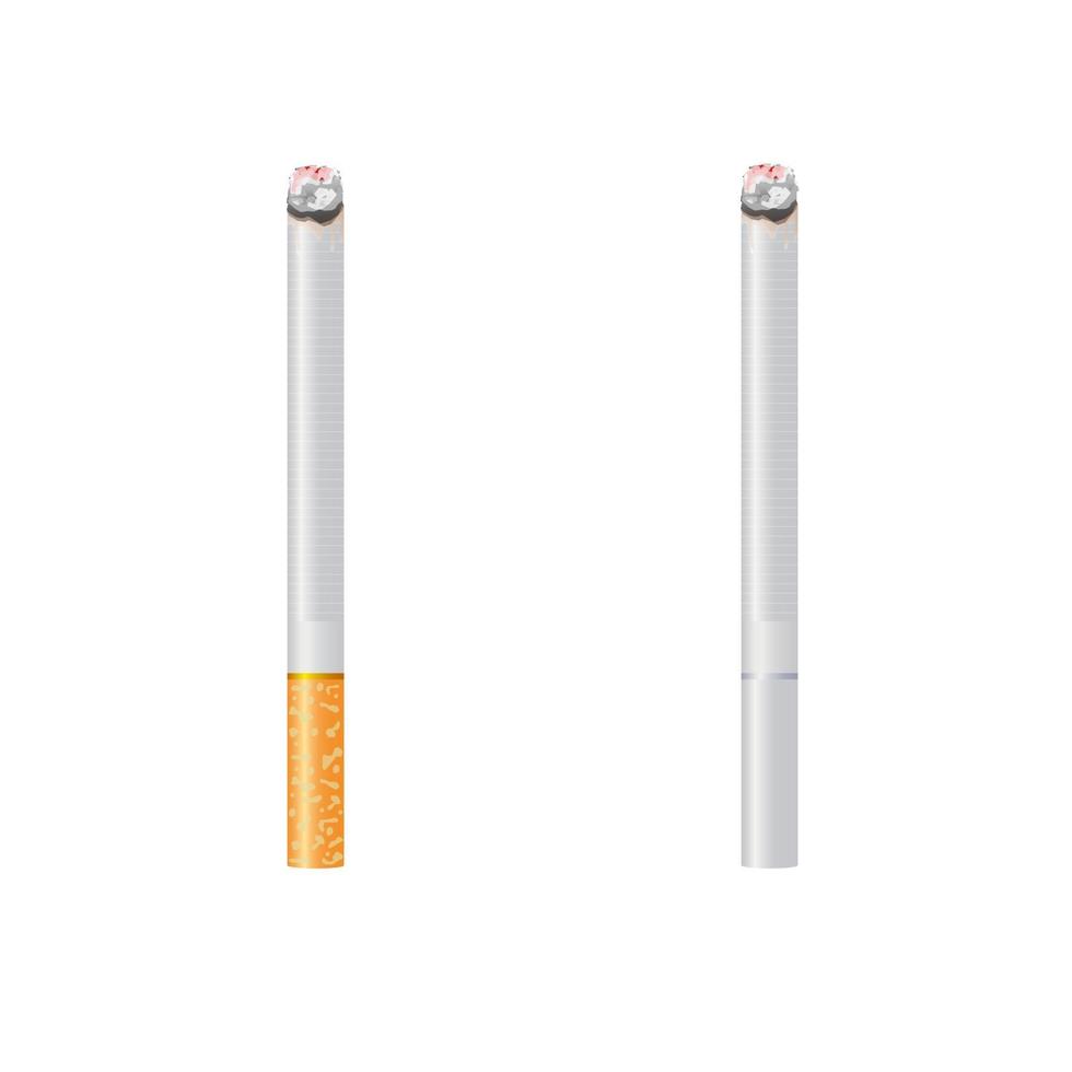 Realistic burning and no burning cigarettes with smoke. 3d design style vector illustration isolated on white background.