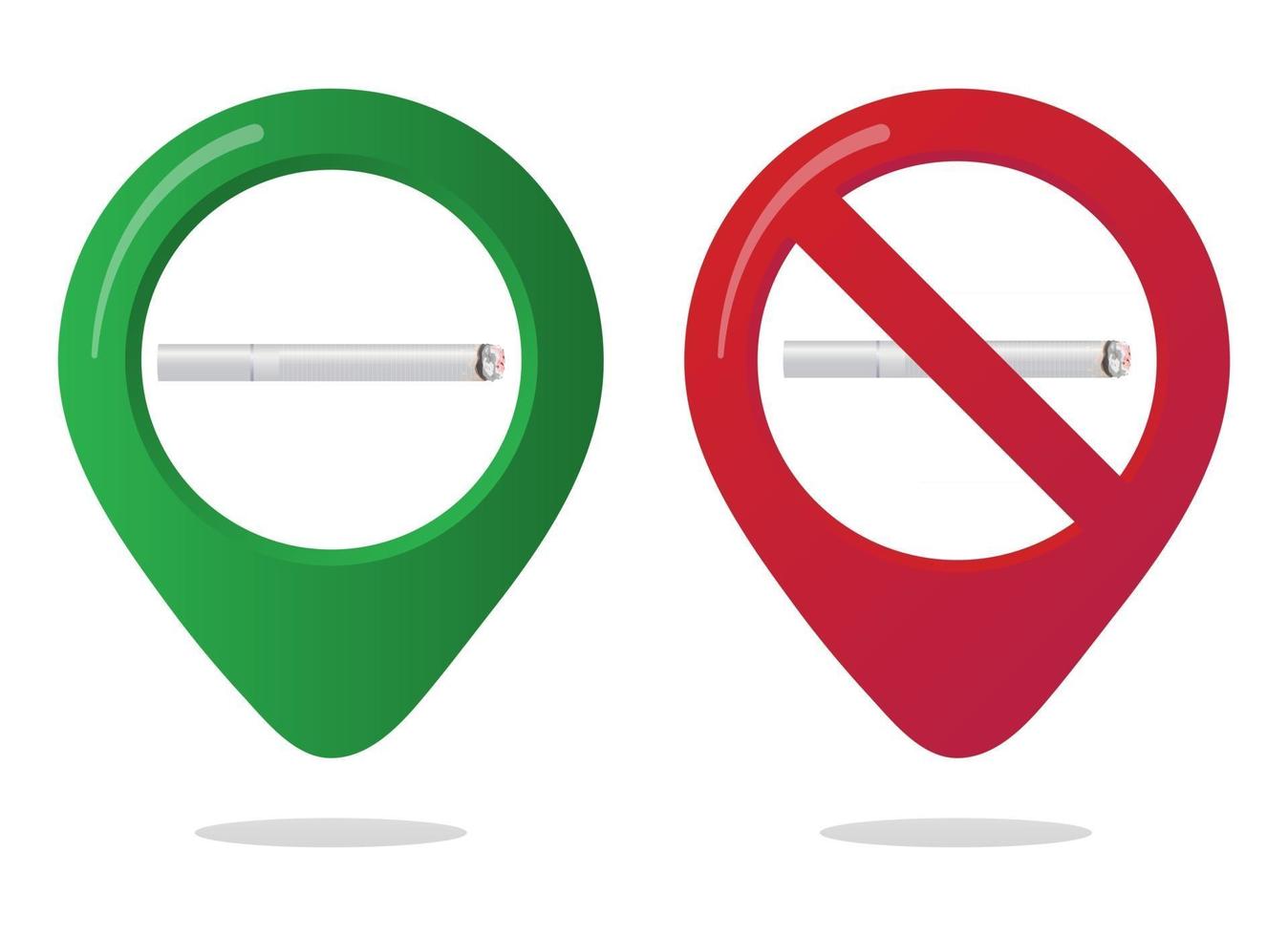 No smoking and smoking area marker map pin icon sign set with flat design gradient styled cigarette in the forbidden red circle. Symbol of the smoking area in the map apps isolated on white background vector