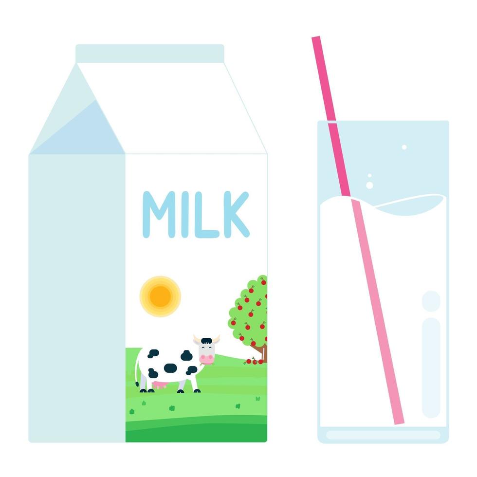 paquete de leche de producto diario con vaca en el círculo y vaso de leche con ilustración de vector de diseño de estilo plano de paja aislado sobre fondo blanco. paquete de caja de diseño plano minimalista de leche y vidrio