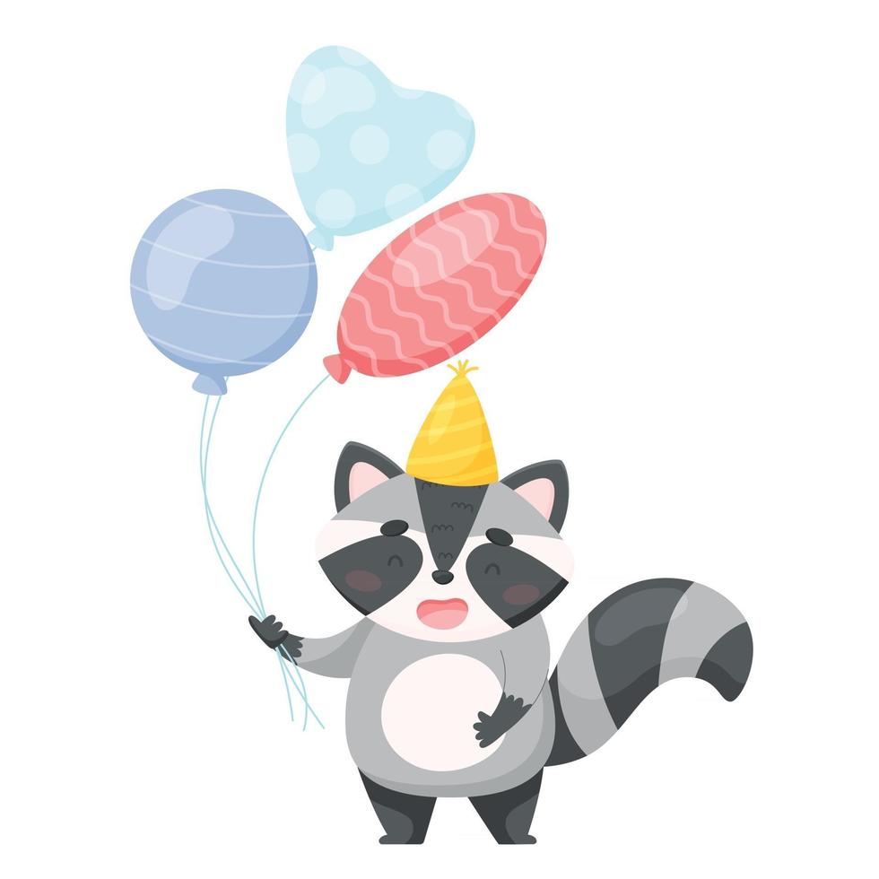 personaje de dibujos animados lindo mapache con globos de aire. tarjeta de cumpleaños. ilustración vectorial vector