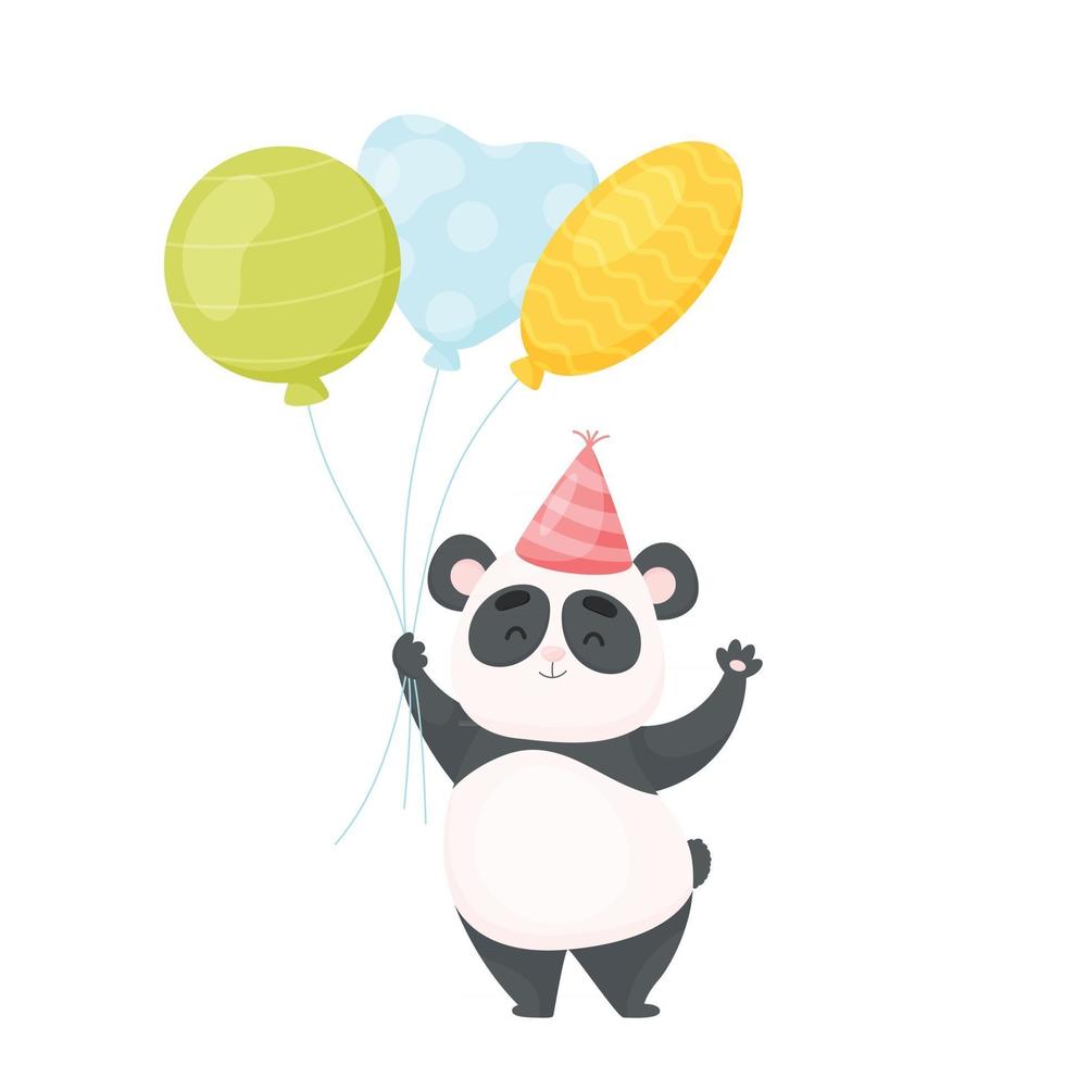 personaje de dibujos animados lindo panda con globos de aire. tarjeta de cumpleaños. ilustración vectorial vector