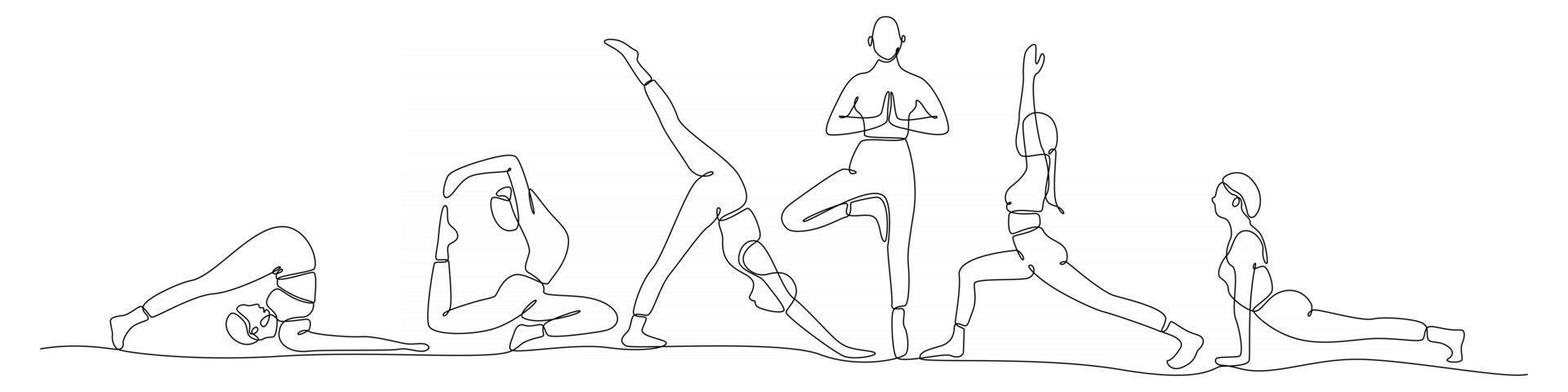 Conjunto de dibujo de línea continua de mujeres que ejercitan la ilustración de vector de yoga