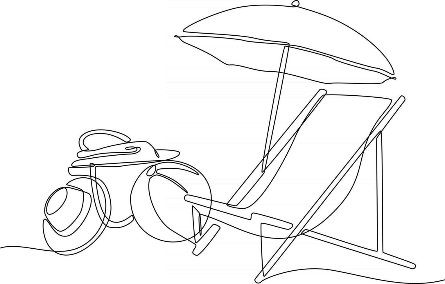 Drawing of Continuous Outline of Beach Umbrella Chair with beach hat vector illustration