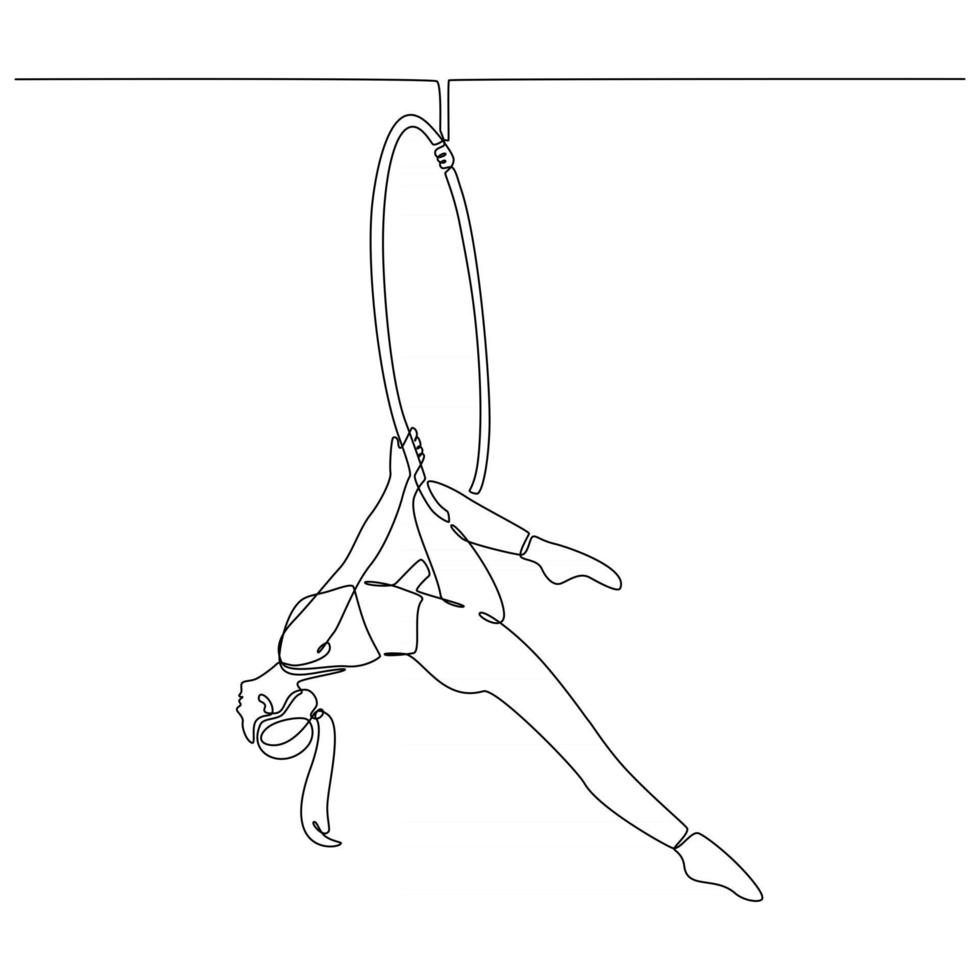 continuous line drawing of a woman playing the air ring circus vector illustration