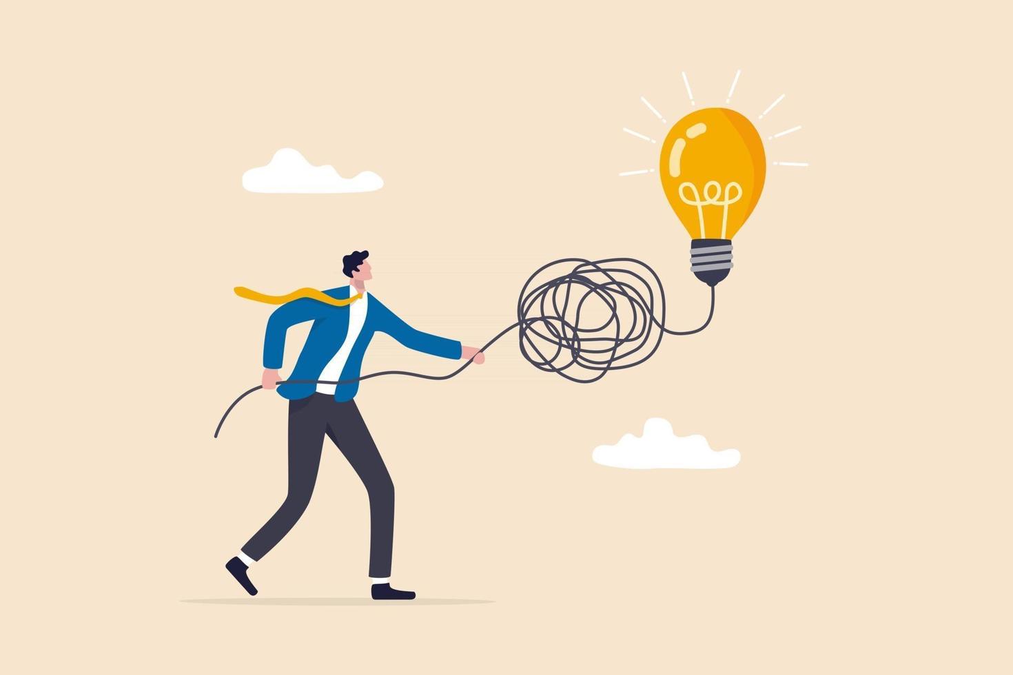 Simplify complex business idea, untangle or solve business problem, solution for messy chaos situation concept, smart businessman untangle messy line of business idea lightbulb or simplify problem. vector