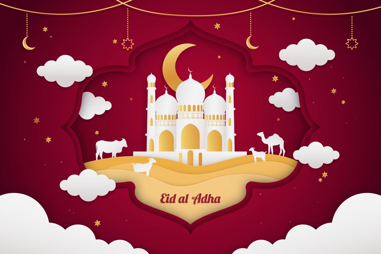 Realistic Eid al adha mubarak paper art red style background vector