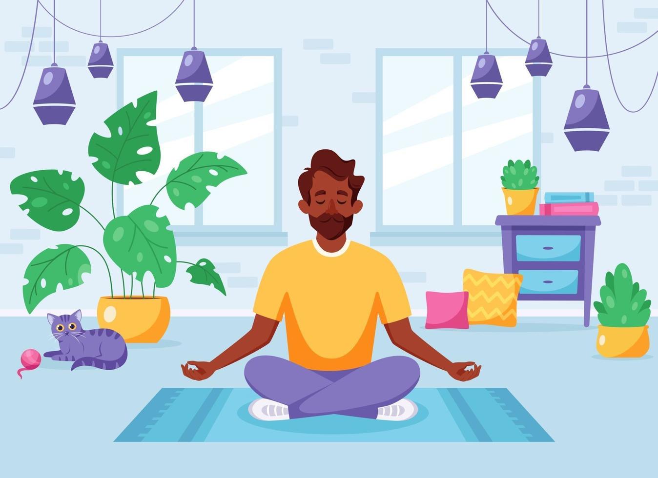 Indian man meditating in lotus pose in cozy modern interior. Healthy lifestyle vector