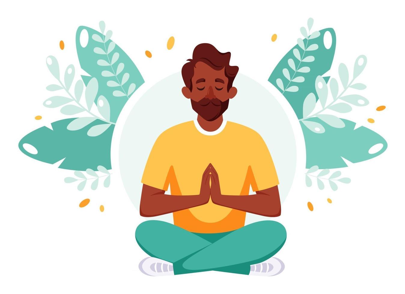 Indian man meditating in lotus pose. Healthy lifestyle, yoga, relax, recreation. vector